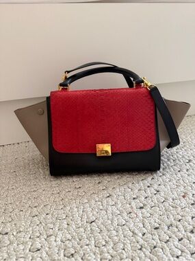Structured Tricolor Top-Handle Satchel - Red, Black & Taupe